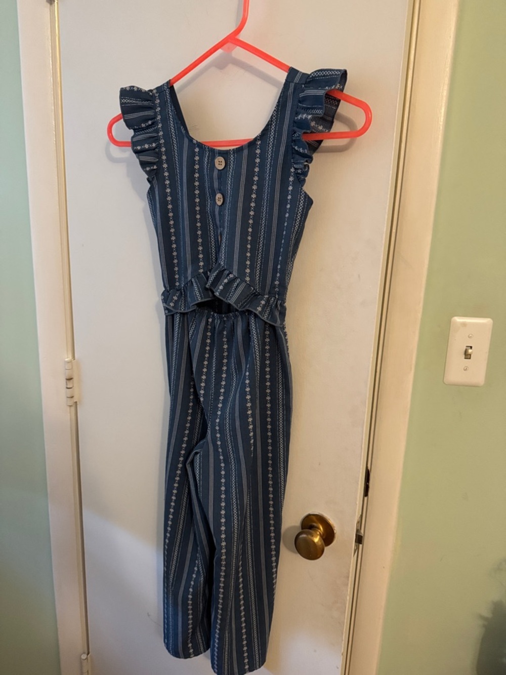 Girls Blue Striped Ruffle Waist Jumpsuit